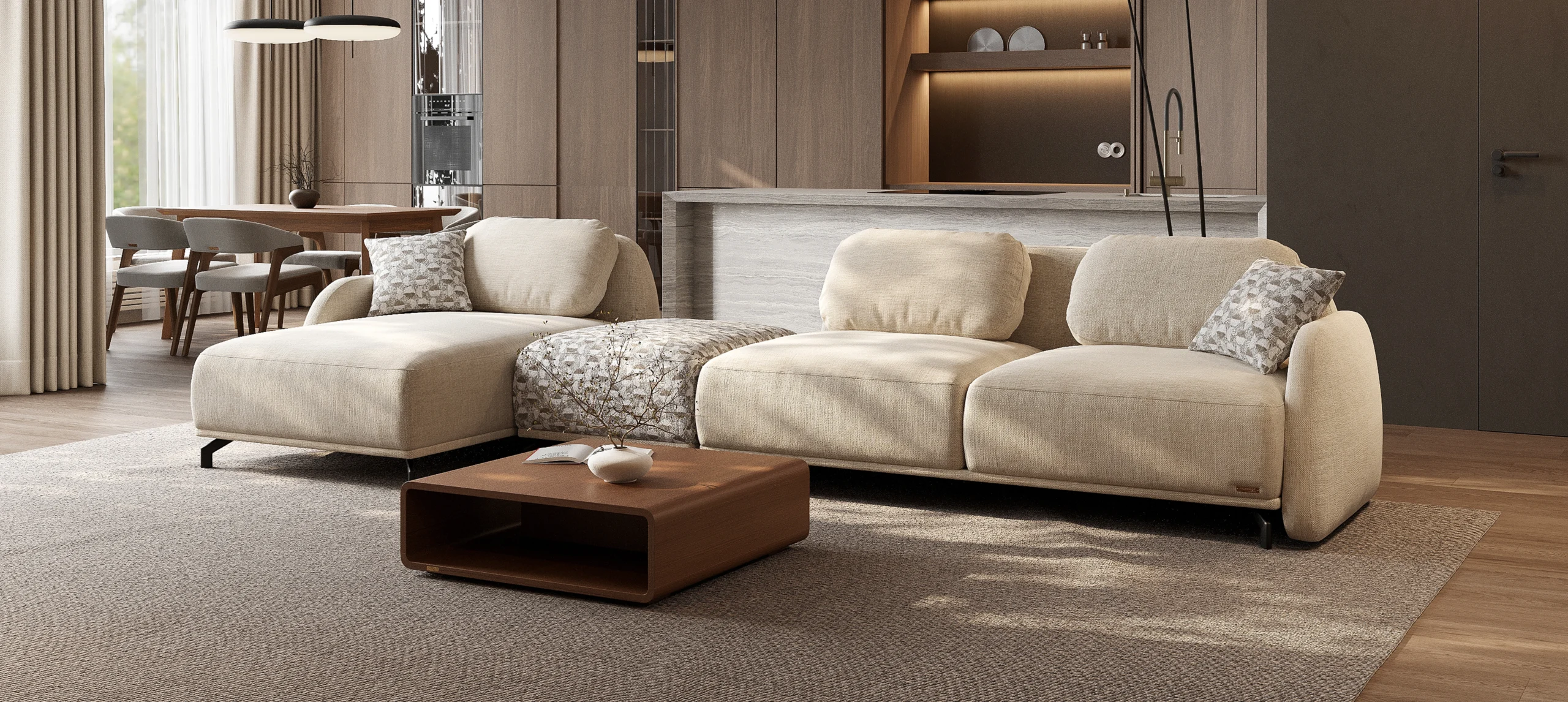 Nancy kampinė sofa su moduline forma ir didelėmis minkštomis pagalvėmis.