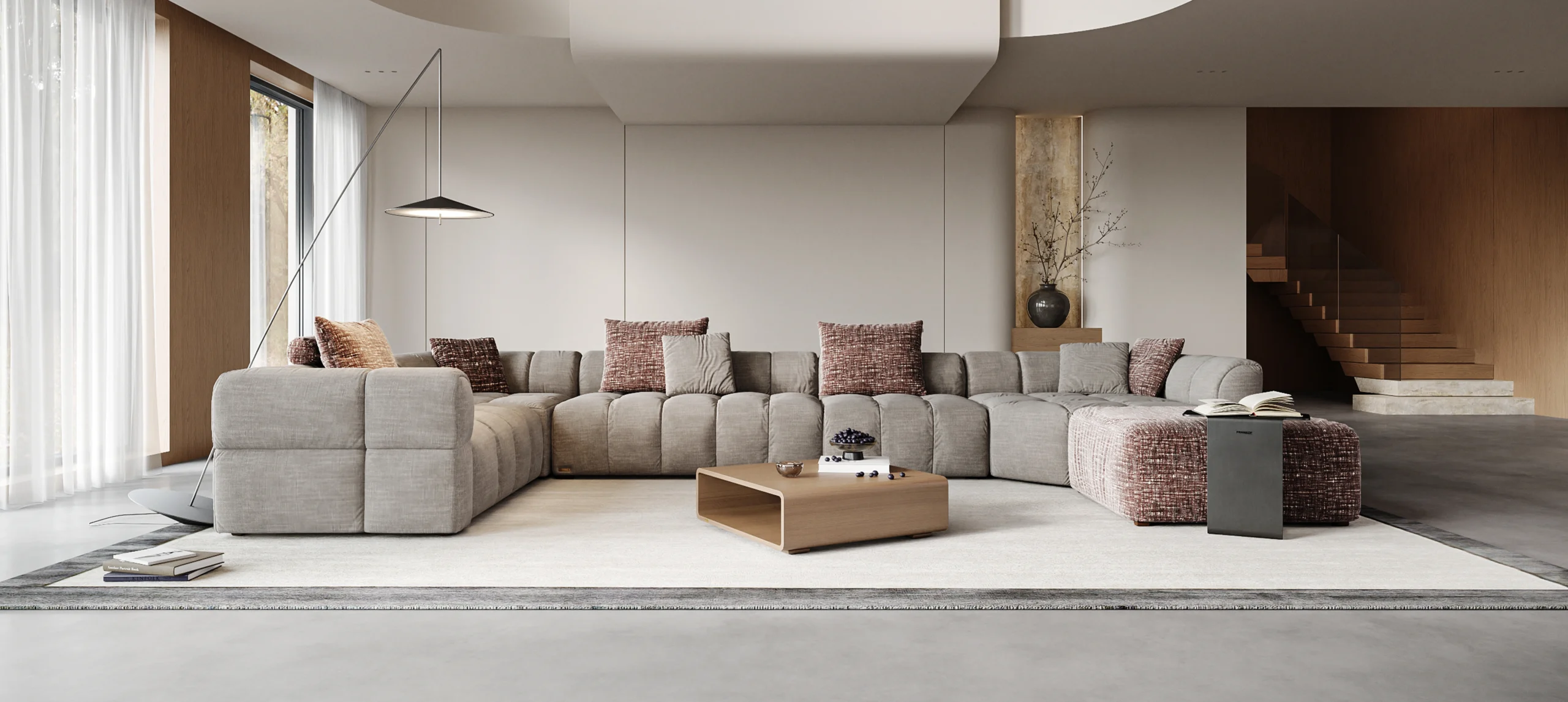 Dakar XL modulinė sofa su plačia sėdimąja dalimi ir tekstiliniu apmušalu.