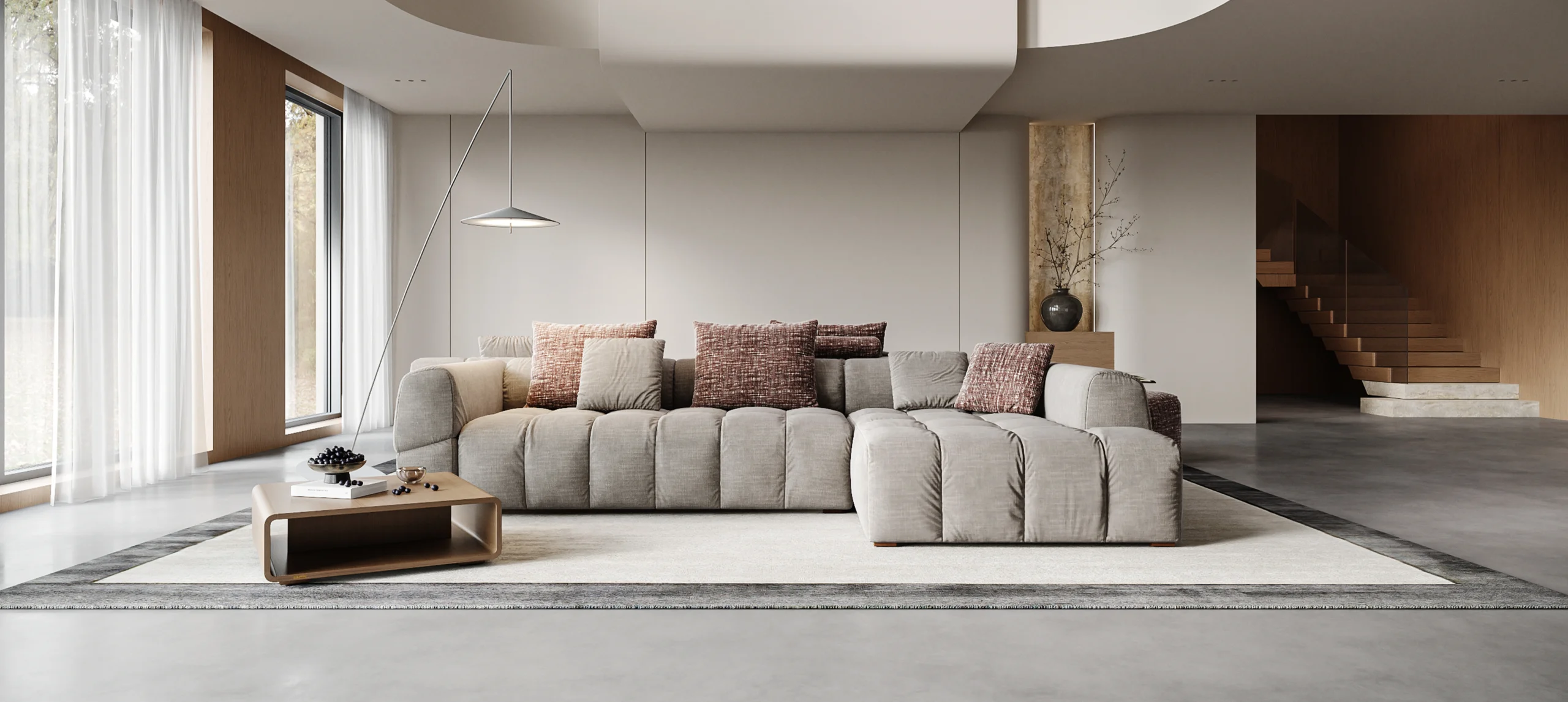 Dakar XL kampinė sofa su giliomis sėdimosiomis dalimis ir moduline konstrukcija.