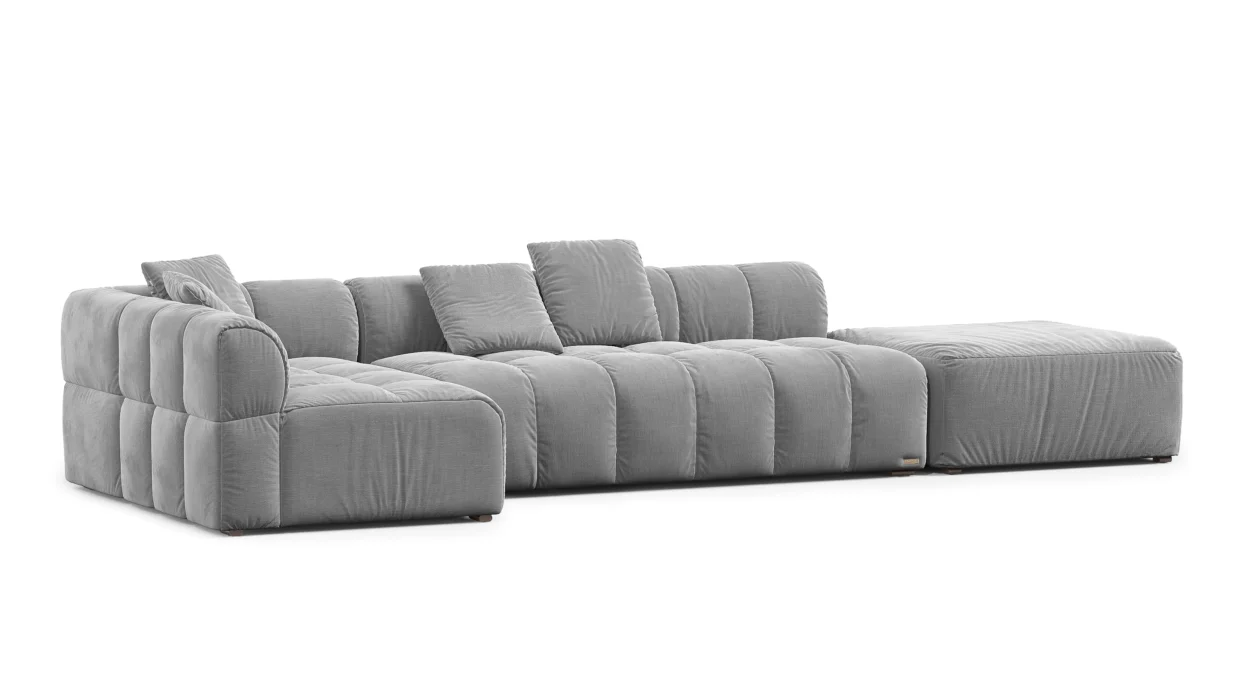 Dakar XL kampinė sofa lova su plačiu miegamuoju paviršiumi ir minkštomis pagalvėmis.