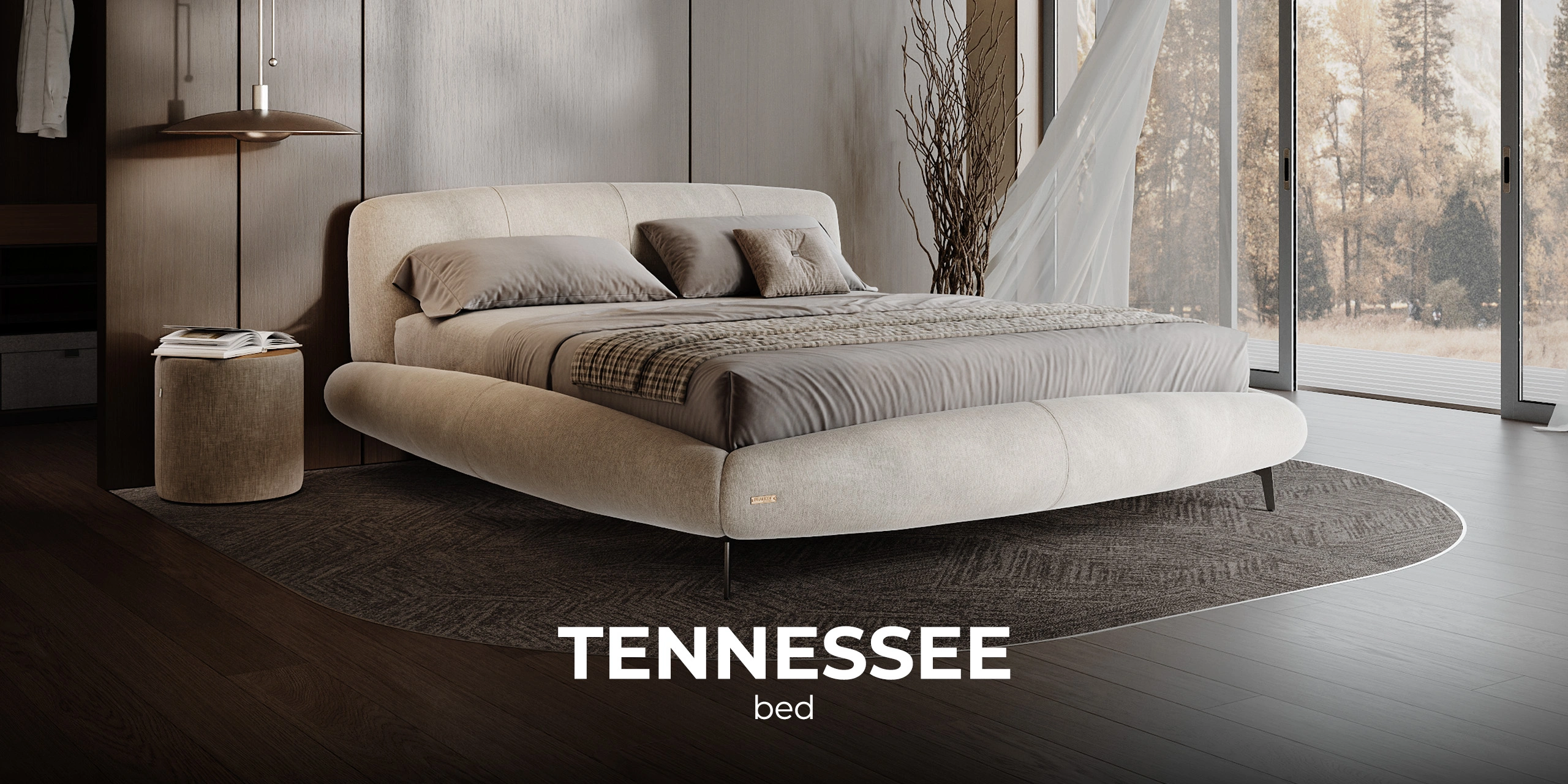 Tennessee miegamojo lovos schema su minkštu galvūgaliu ir plačiu tekstiliniu rėmu.