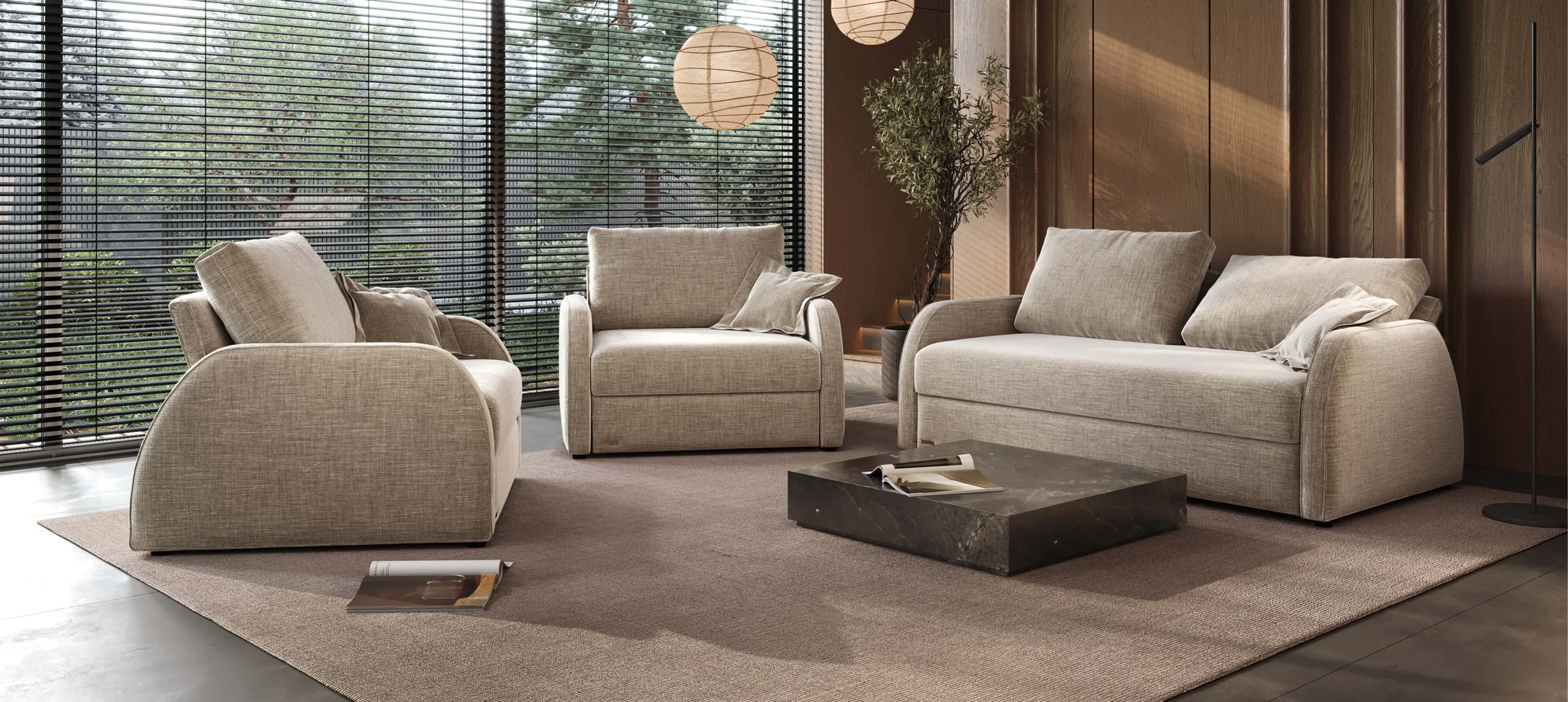 Ontario sofa ir du foteliai su tekstūruotu audiniu ir užapvalintais porankiais.